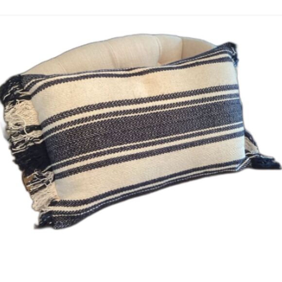 OBLONG RECTANGLE COTTON BLEND THROW PILLOW NAVY CREAM FRINGED ZIPPERED COVER 22” - Picture 1 of 6